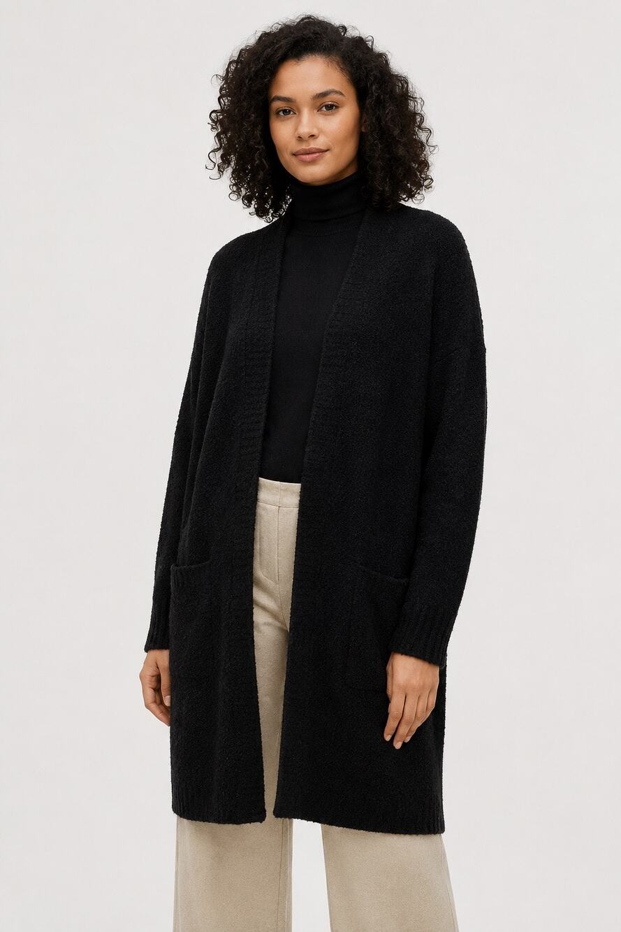 Eileen Fisher Organic Cotton Bouclé Long Cardigan Black – Size Medium